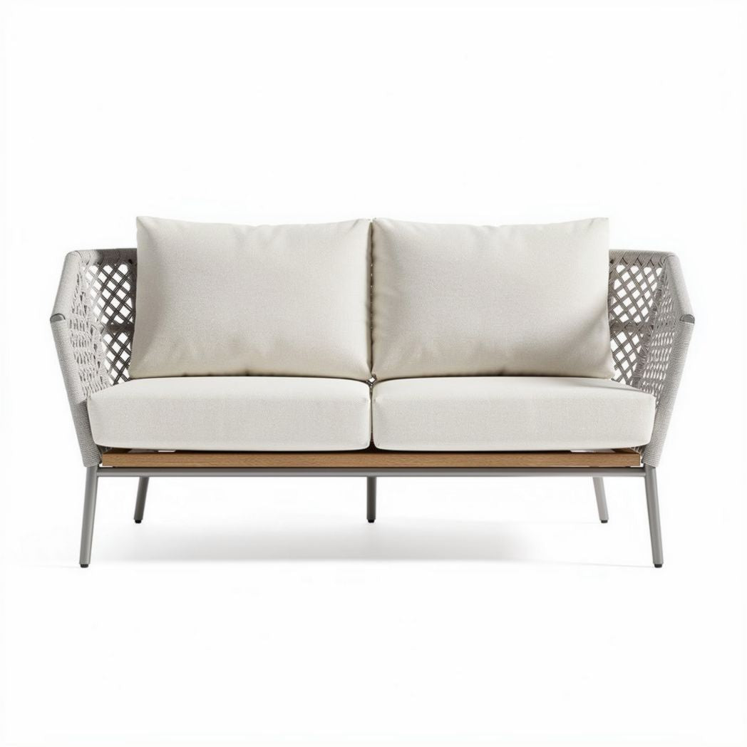 Canapé en résine tressée gris avec coussins écrus 180 x 80 x 75cm