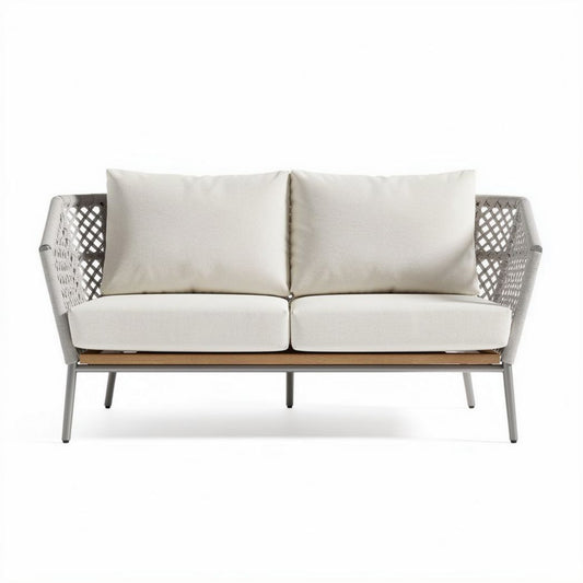 Canapé en résine tressée gris avec coussins écrus 180 x 80 x 75cm