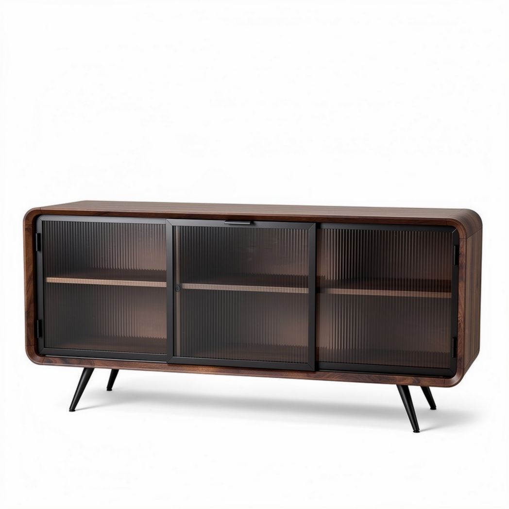 Meuble TV en bois de noyer avec portes en verre teinté 150 x 40 x 60cm