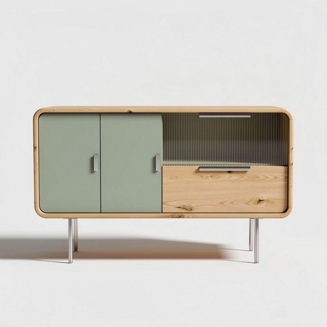 Meuble de rangement en bois naturel et vert 120 x 50 x 80cm avec portes coulissantes