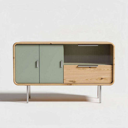 Meuble de rangement en bois naturel et vert 120 x 50 x 80cm avec portes coulissantes