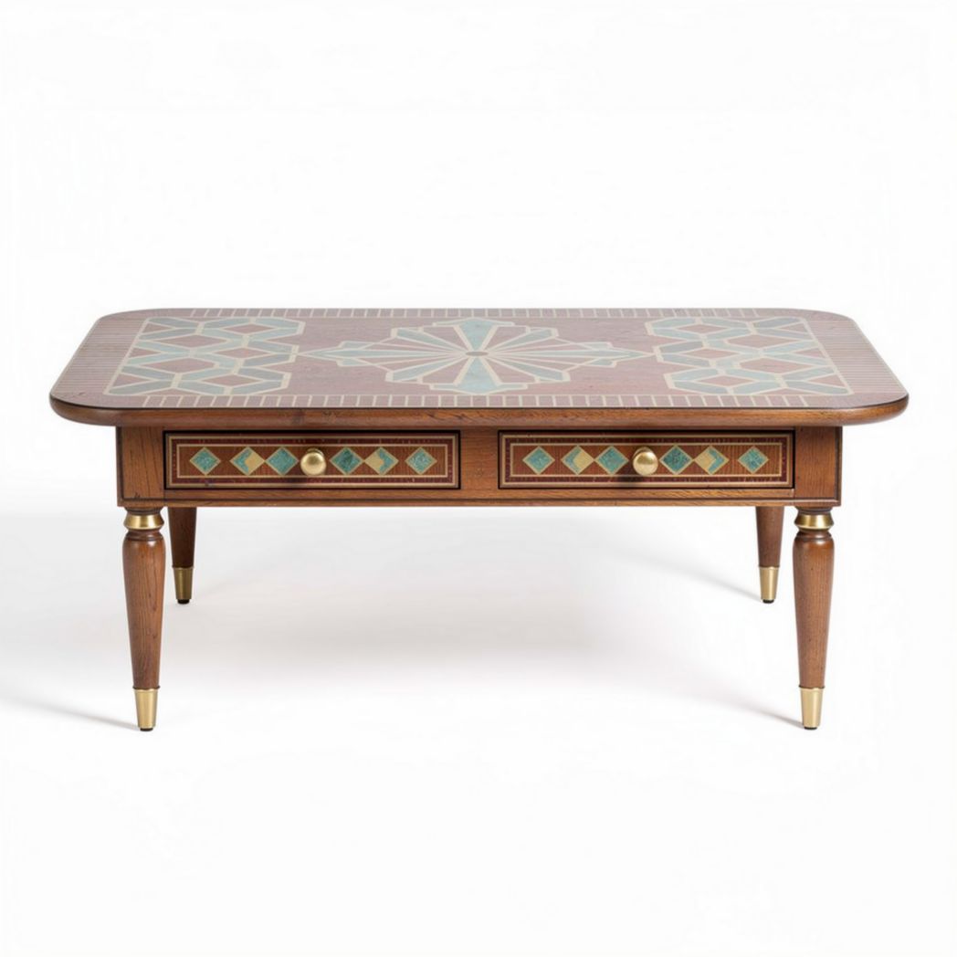 Table en bois avec marqueterie et deux tiroirs dimensions 120 x 80 x 45cm