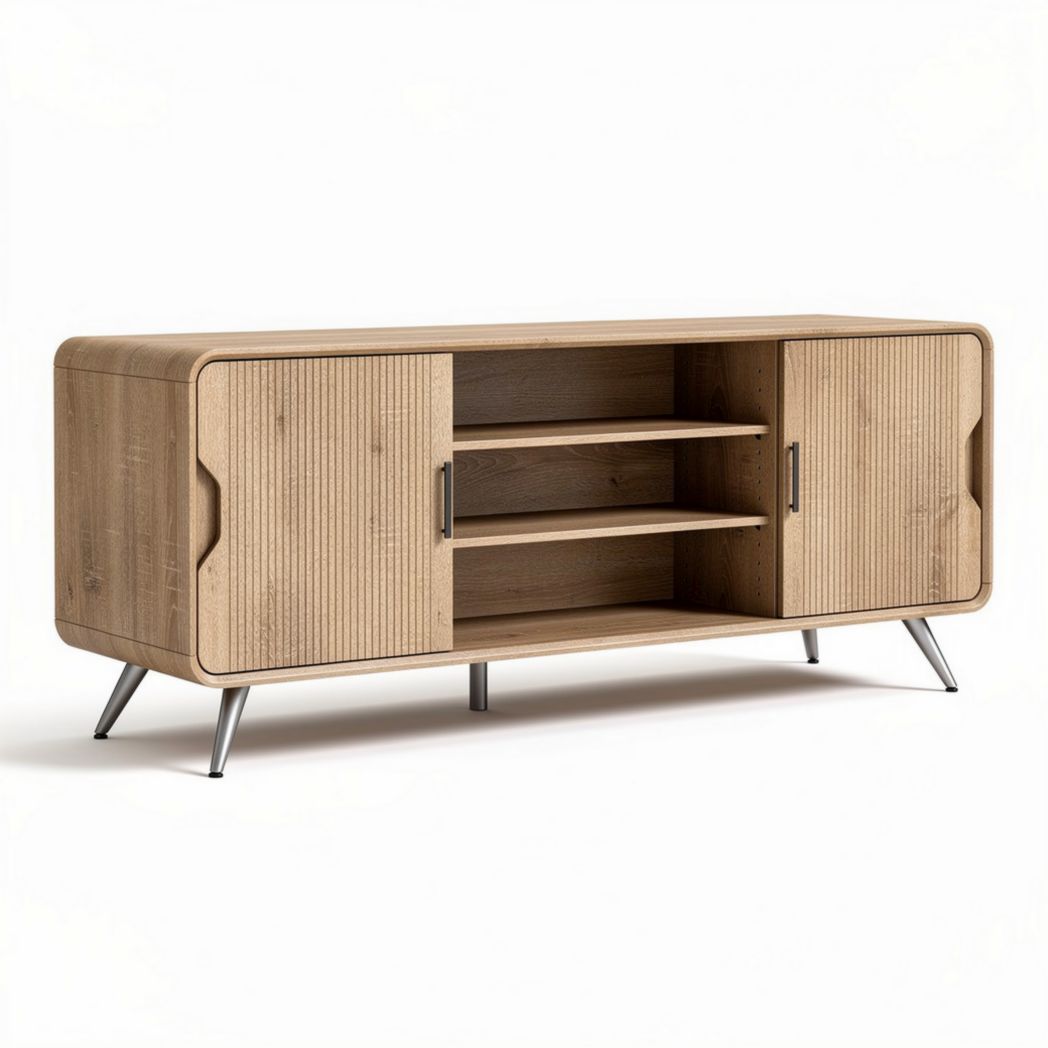 Meuble de salon en bois clair avec portes coulissantes et étagères 150 x 40 x 60cm