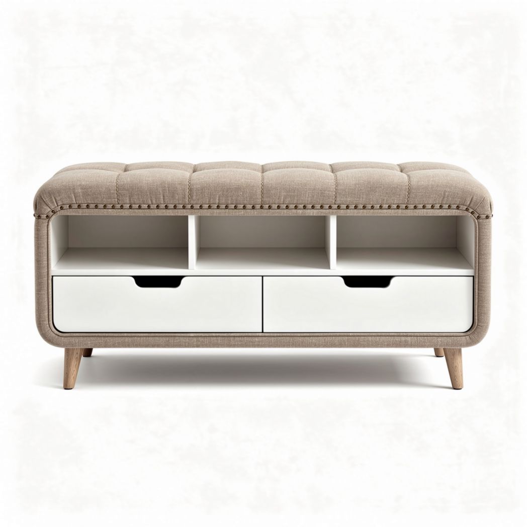 Banquette en tissu beige avec rangement sous le plateau 90 x 40 x 45cm
