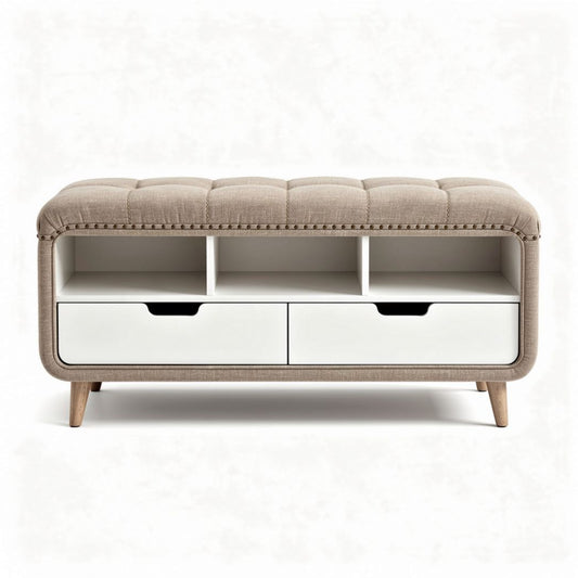 Banquette en tissu beige avec rangement sous le plateau 90 x 40 x 45cm