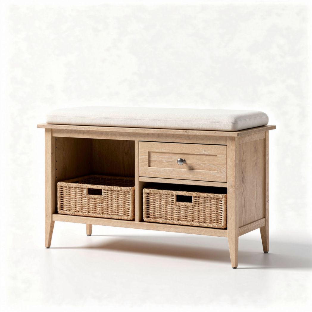 Banc en bois clair avec coussin et rangement sous le siège 100 x 40 x 45cm