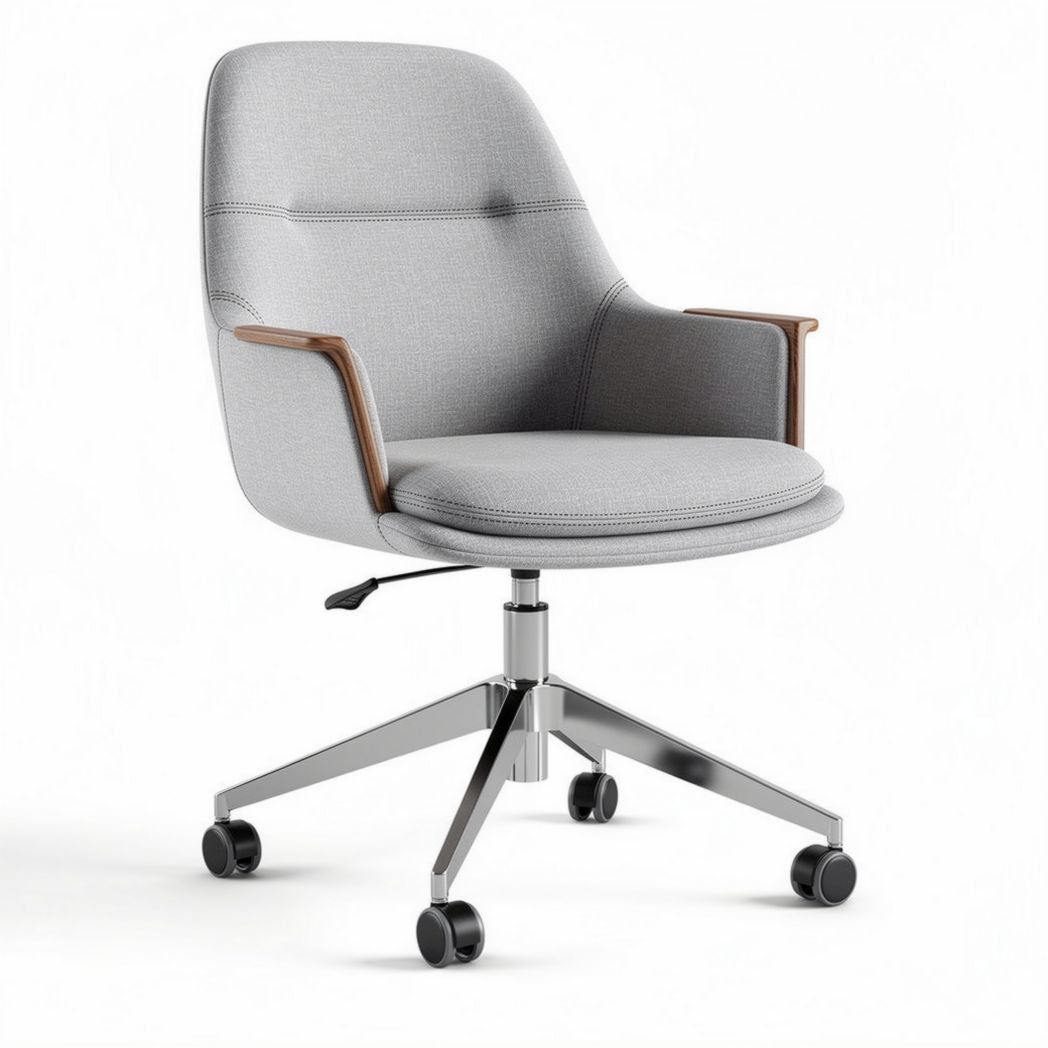 Fauteuil de bureau en tissu gris avec accoudoirs en bois et roulettes 60 x 60 x 90cm