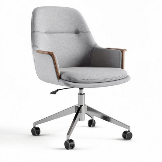 Fauteuil de bureau en tissu gris avec accoudoirs en bois et roulettes 60 x 60 x 90cm
