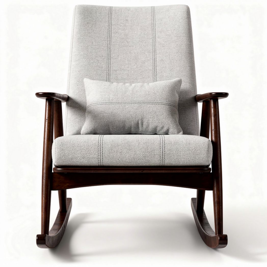 Fauteuil à bascule en bois avec coussin gris clair et dimensions 90 x 80 x 100cm